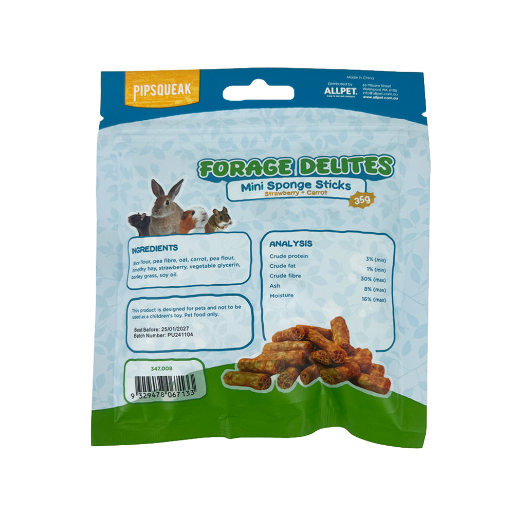 PIPSQUEAK Forage Delites Mini Sponge Sticks Strawberry & Carrot 35g