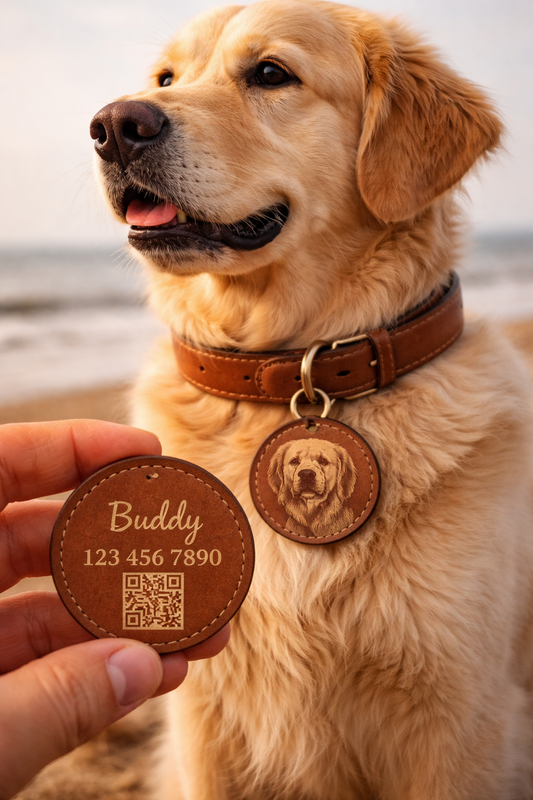 Dog with a leather collar and personalized tag on a beach