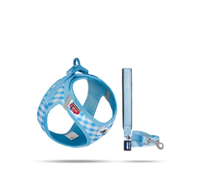 CURLI DOG HARNESS AIR-MESH & LEASH SKYBLUE-CARO 3 Sizes Available (Personalised Available for your Pets )