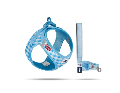CURLI DOG HARNESS AIR-MESH & LEASH SKYBLUE-CARO 3 Sizes Available (Personalised Available for your Pets )