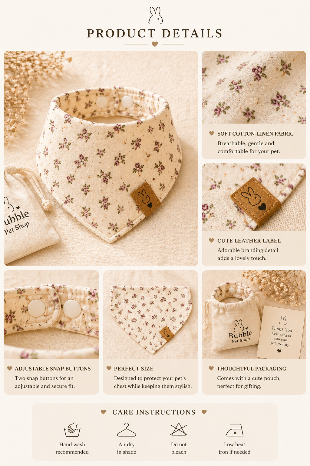 Custom Pet Bandana – Soft Cotton Linen, Adjustable Snap, Stylish Dog & Cat Scarf
