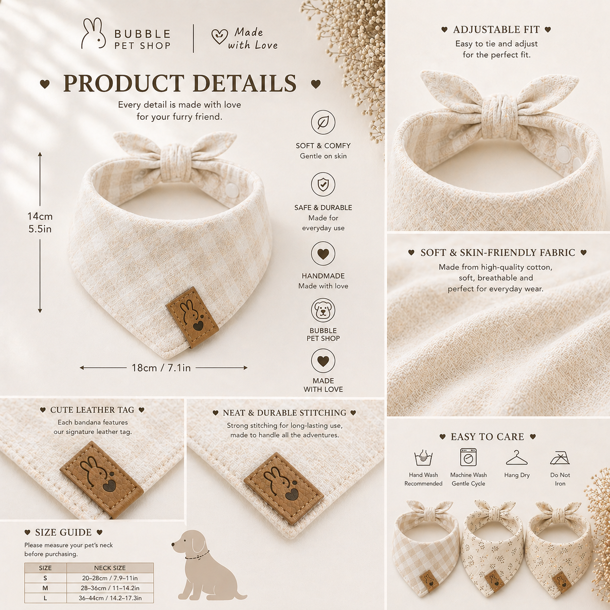 Custom Pet Bandana – Soft Cotton Linen, Adjustable Snap, Stylish Dog & Cat Scarf