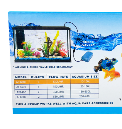 AQUA CARE AQUARIUM AIR PUMP Type AF3200&AF3400&AF8400&AF8800 Multiple Size