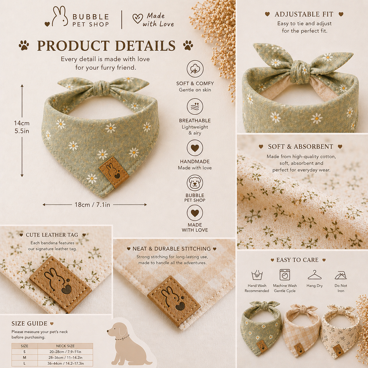 Custom Pet Bandana – Soft Cotton Linen, Adjustable Snap, Stylish Dog & Cat Scarf